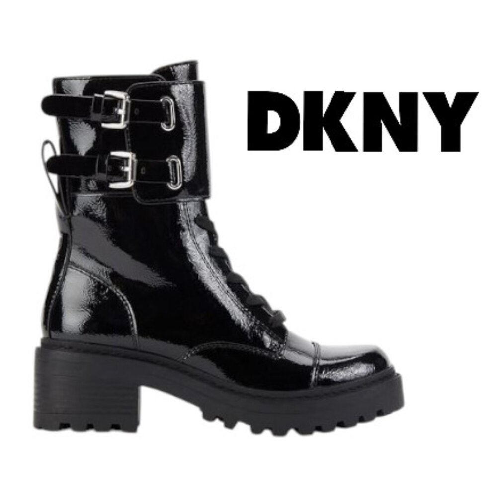 Brand NEW Designer DKNY Combat Boots Moto Boots Patent Leather Black BART 6.5